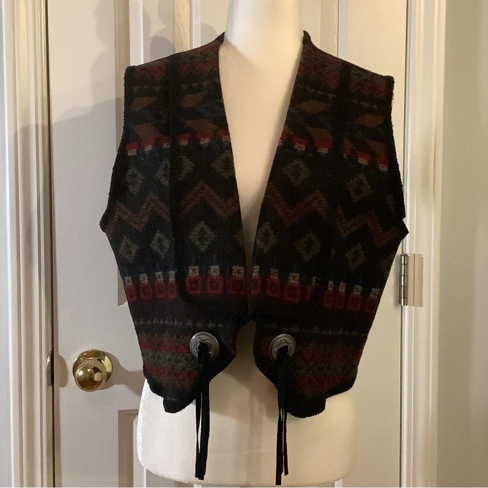 Woolrich Black Multicolor Southwestern Wool Vest with Concho Ties